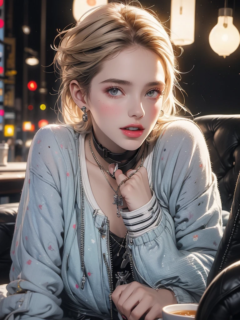 a young confident german girl,pop art,vibrant colors,street fashion,floral motifs,coffee shop,dynamic emotions,grayscale,tropical,many donuts,masterpiece,photorealistic,digital art,high quality,studio lighting,sharp focus,extremely detailed,vivid colors,color harmony