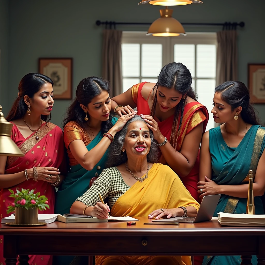 in luxerius office items sorrounded bright lighted modern indian office,An eldery 65 years old indian lady and four 35 years old young ladies,licking head scalps of each others,red lipsstick,realistic licking scalp with tongue,3c curly very long hair hair,styled with 100000 liters hair oil,hairs like viscus oiled pulp,slick combed hair lines highly visible,showered with hair oil,Bathed with hair oil,{{{{{{NSFW}}}}},{{{{{Nudity:1.5}}}}},{{{{{{{{{{{Full Nude}}}}}}}}}}}}}}}},{{{{{{Eldery & Young}}}}}}},{{{{{Wet hairs,Totaly oil wet hairs, Totaly oiled hairs}}}}},{{{{{Perfect color grading}}}}},{{{{{Natural licking}}}}},{{{{{{Natural tongues}}}}},{{{{{{{Super curly like noodles}}}}}},(Hair oily:1.6),(Hair oiled:1.6),(show me your tongue out, long tongue:1.2), {{{{{{{Indian ethnicity}}}}},{{{{{All indian ladies}}}}}