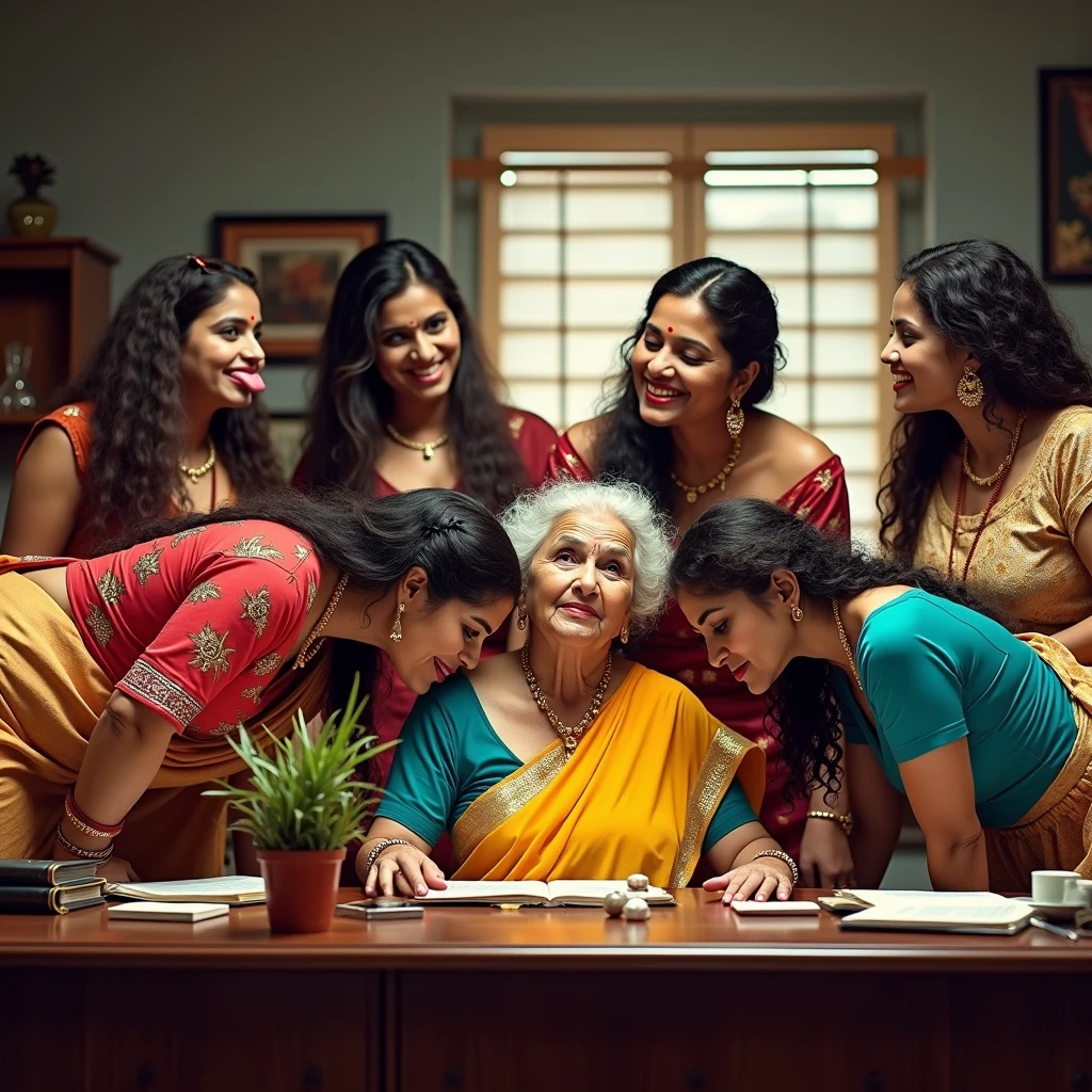 in luxerius office items sorrounded bright lighted modern indian office,An eldery 65 years old indian lady and four 35 years old young ladies,licking head scalps of each others,red lipsstick,realistic licking scalp with tongue,3c curly very long hair hair,styled with 100000 liters hair oil,hairs like viscus oiled pulp,slick combed hair lines highly visible,showered with hair oil,Bathed with hair oil,{{{{{{NSFW}}}}},{{{{{Nudity:1.5}}}}},{{{{{{{{{{{Full Nude}}}}}}}}}}}}}}}},{{{{{{Eldery & Young}}}}}}},{{{{{Wet hairs,Totaly oil wet hairs, Totaly oiled hairs}}}}},{{{{{Perfect color grading}}}}},{{{{{Natural licking}}}}},{{{{{{Natural tongues}}}}},{{{{{{{Super curly like noodles}}}}}},(Hair oily:1.6),(Hair oiled:1.6),(show me your tongue out, long tongue:1.2), {{{{{{{Indian ethnicity}}}}},{{{{{All indian ladies}}}}}