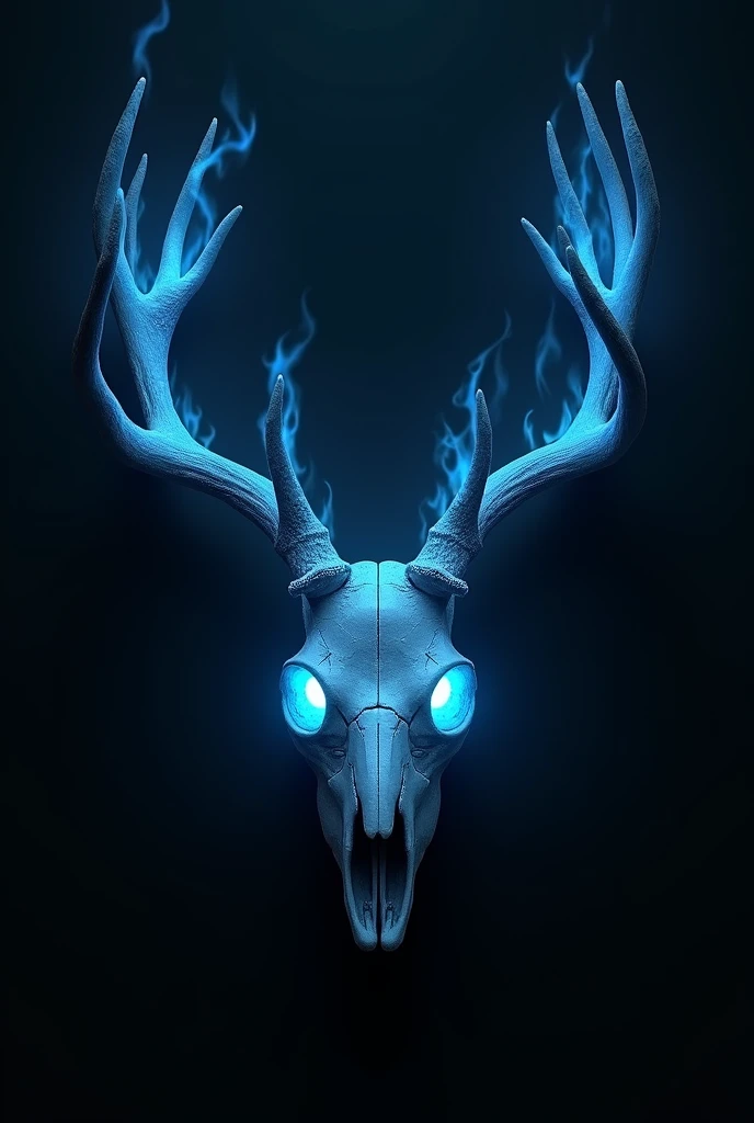 Black background with deer skull in the middle with blue flames in the eyes