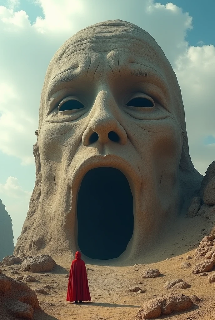 A surreal and dramatic landscape photograph featuring a colossal rock formation resembling a human face. The rock surface has natural erosion marks, creating the illusion of facial features such as eyes, nose, and mouth. The mouth forms a large, dark entrance to the cave, adding a sense of mystery and scale. A lone figure, dressed in a red cloak, stands at the base of the formation, emphasizing the enormous size of the rock. The sky above is partly cloudy, with soft, diffused light casting shadows that highlight the details of the rock surface. The surrounding landscape consists of rugged, arid terrain with additional rock formations in the background.