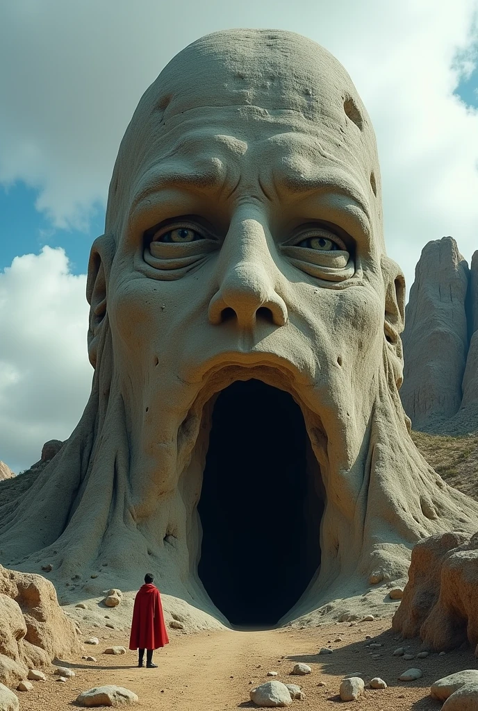 A surreal and dramatic landscape photograph featuring a colossal rock formation resembling a human face. The rock surface has natural erosion marks, creating the illusion of facial features such as eyes, nose, and mouth. The mouth forms a large, dark entrance to the cave, adding a sense of mystery and scale. A lone figure, dressed in a red cloak, stands at the base of the formation, emphasizing the enormous size of the rock. The sky above is partly cloudy, with soft, diffused light casting shadows that highlight the details of the rock surface. The surrounding landscape consists of rugged, arid terrain with additional rock formations in the background.