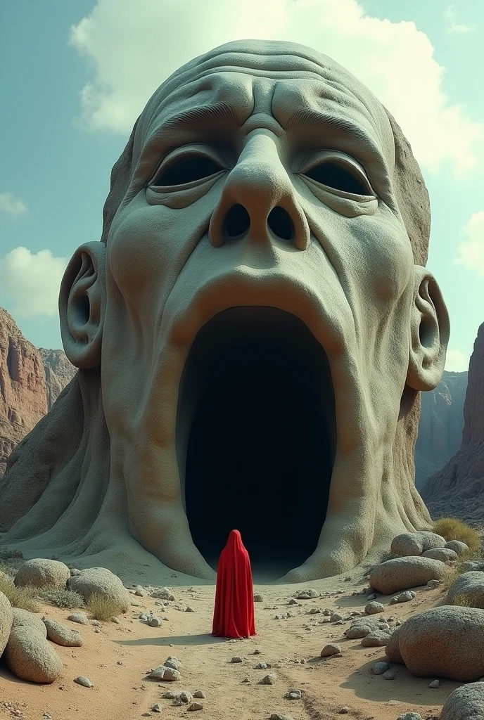 A surreal and dramatic landscape photograph featuring a colossal rock formation resembling a human face. The rock surface has natural erosion marks, creating the illusion of facial features such as eyes, nose, and mouth. The mouth forms a large, dark entrance to the cave, adding a sense of mystery and scale. A lone figure, dressed in a red cloak, stands at the base of the formation, emphasizing the enormous size of the rock. The sky above is partly cloudy, with soft, diffused light casting shadows that highlight the details of the rock surface. The surrounding landscape consists of rugged, arid terrain with additional rock formations in the background.