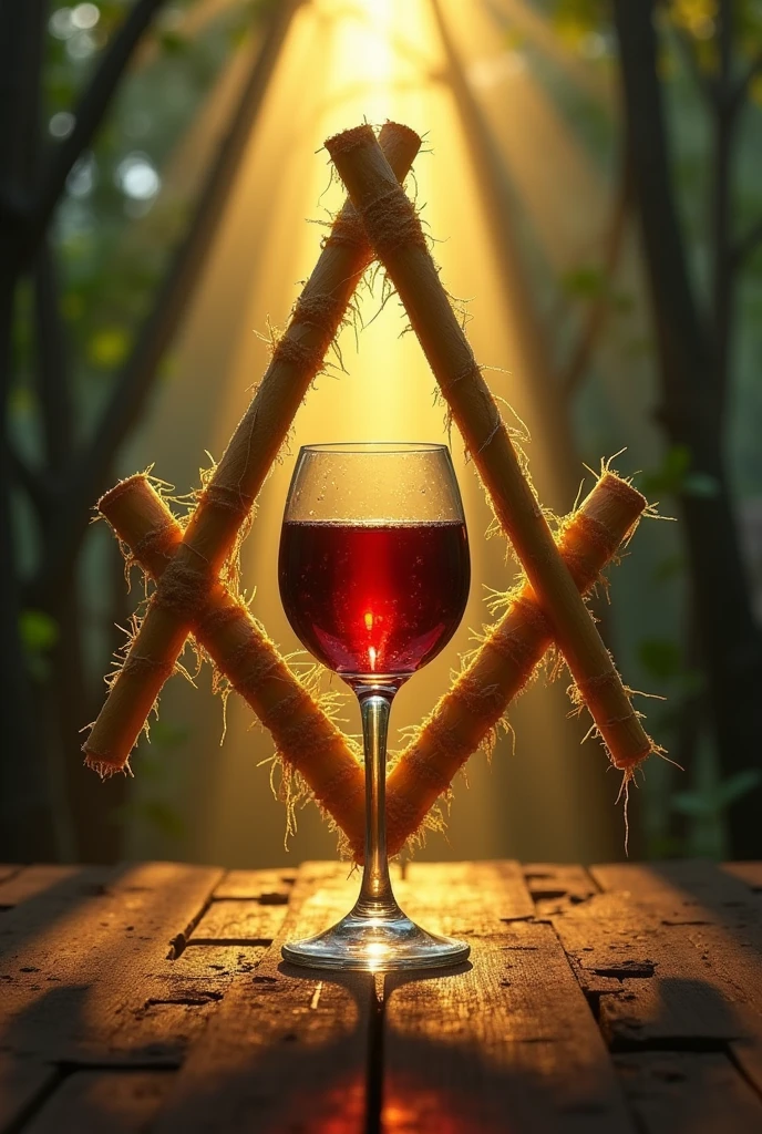 Create an image that represents the symbol of Freemasonry where the compass is made with the sugar cane leaf and the square is made with the sugar cane stem.. In the center there should be a wine glass. At the bottom you should have the "eye that all come" illuminated by sunbeams