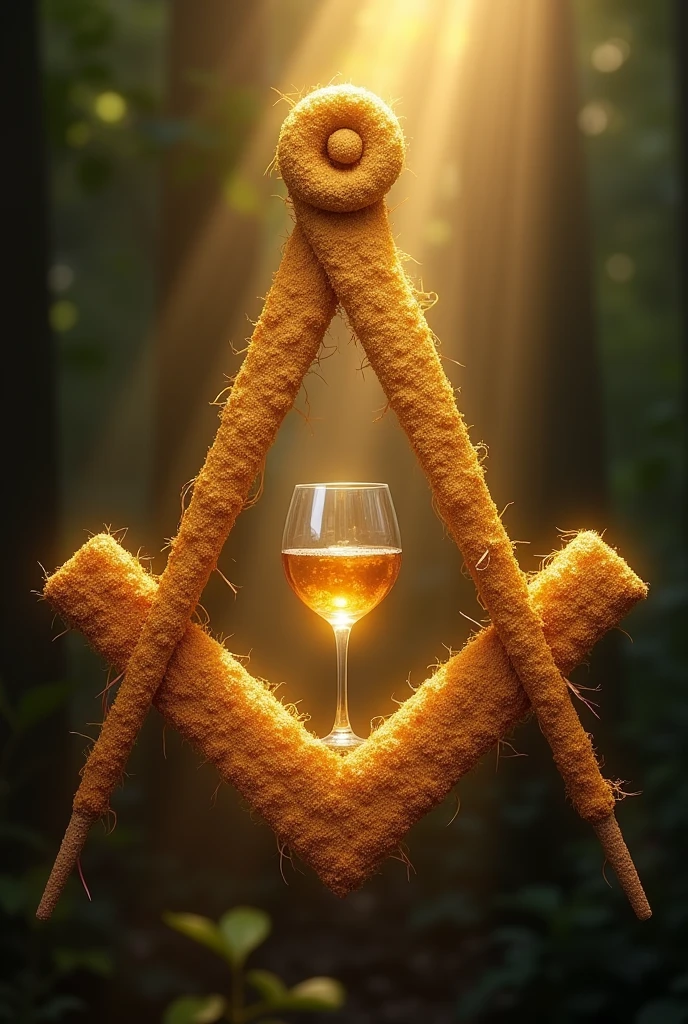 Create an image that represents the symbol of Freemasonry where the compass is made with the sugar cane leaf and the square is made with the sugar cane stem.. In the center there should be a wine glass. At the bottom you should have the "eye that all come" illuminated by sunbeams