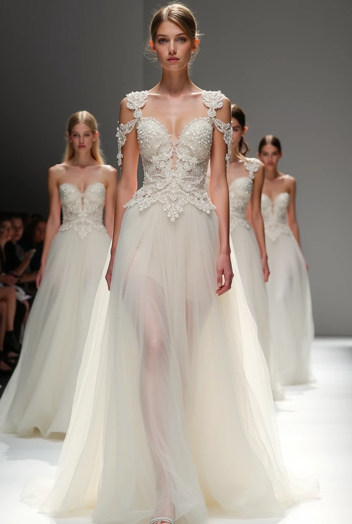 Create 5 princess-inspired white long dresses with pearl lace for a kopo show