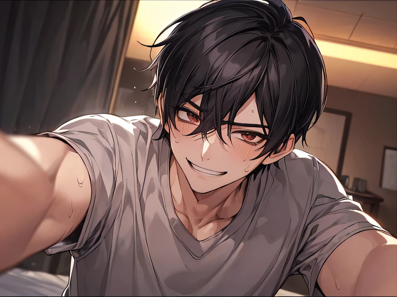 Working Adults.,male,good looking,Cool vibe,I,Black-haired,mash,dark mood(Masseter region,Viewer Perspective,Upper Body,Face close-up,push the viewer down,yandere,Sweat,Excited,smile,yandereな雰囲気,Stylish clothing,Night atmosphere,bed