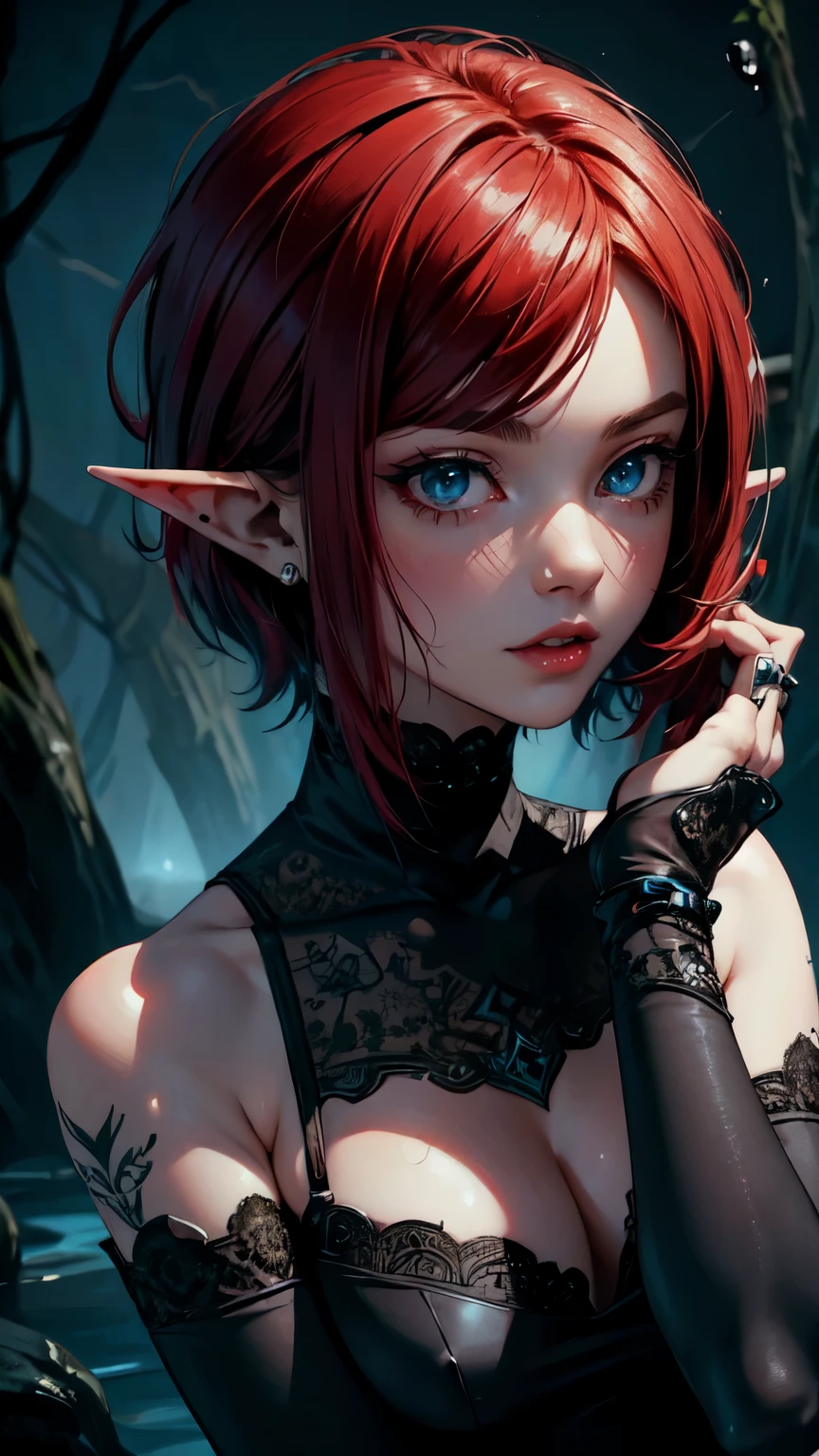 (masterpiece), best quality, emo, emo girl,sadgirl, red hair,cute, tatto, close up,short hair, blue eyes, black clothes, sensual, glowing eyes, asthetic,style, stylish,detailed eyes, detailed hands, detailed face, drops of water, drops, full body, elf woman