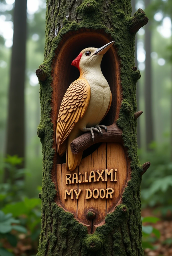 Woodpecker bird beautifully carved on live tree and also name carved as RAJLAXMI MY DOOR, Image is fully realistic , location is beautiful forest