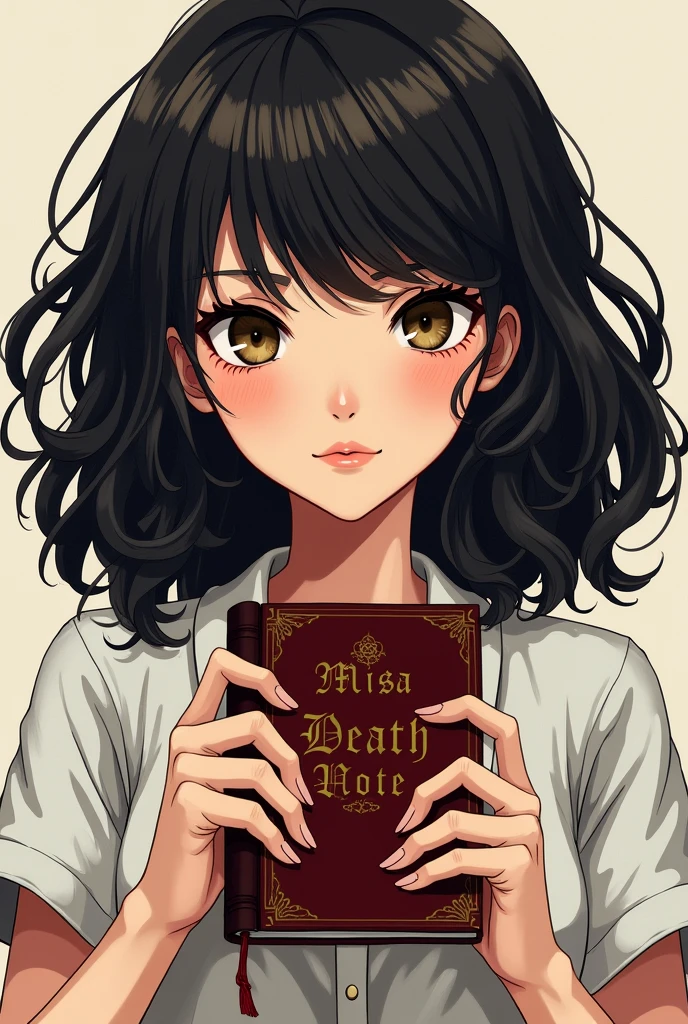 I want a drawing of Misa Aname from Dead Note with curly hair and bangs, dark hair and brown eyes, with the dead note notebook in his hand
