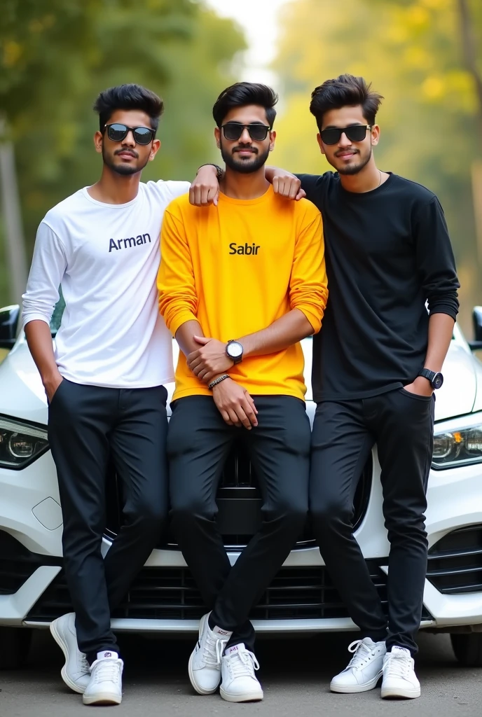 Three real indian 15 year old Indian boys friends are standing leaning against a white super luxury car, and all to are wearing different white, yellow ,black shirts and black pants, white shoes, and all three have different names on their t-shirts.It is written” Arman,Sabir,” and the middle boys hand is on the Shoulders of both of them and all three have a watch, sunglasses, beautiful blur background view. make sure name should be correct