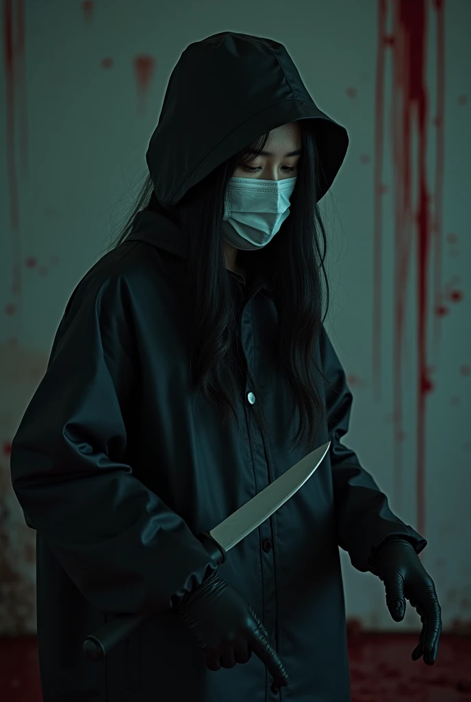 korean girl, (behind corpse, surgical mask), holding knife, stabbing, black gloves, room full of blood, black raincoat, bucket hat, holding knife, black gloves, behind corpse, blood splatter, long bangs, in the living room, black wet suit, night, mass murderer, killer, robbery, dark atmosphere, cinematic lighting, atmospheric realistic, close-up,
