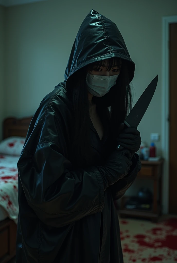 korean girl, (behind corpse, surgical mask), holding knife, stabbing, black gloves, room full of blood, black raincoat, bucket hat, holding knife, black gloves, behind corpse, blood splatter, long bangs, in the living room, black wet suit, night, mass murderer, killer, robbery, dark atmosphere, cinematic lighting, atmospheric realistic, close-up,
