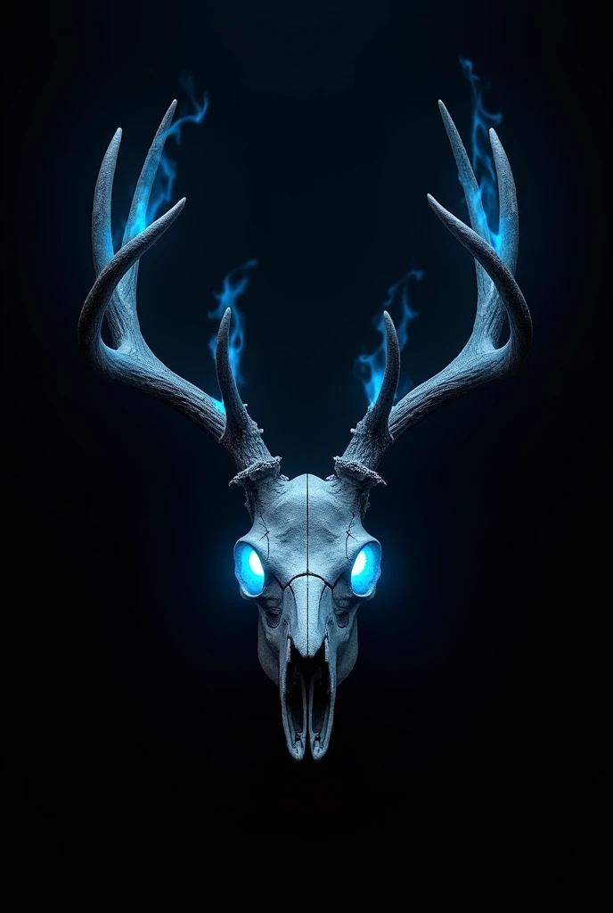 Black background with deer skull in the middle with blue flames only in the eyes