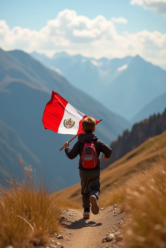 Boy running through the mountains while holding the Peruvian flag proud of his homeland.