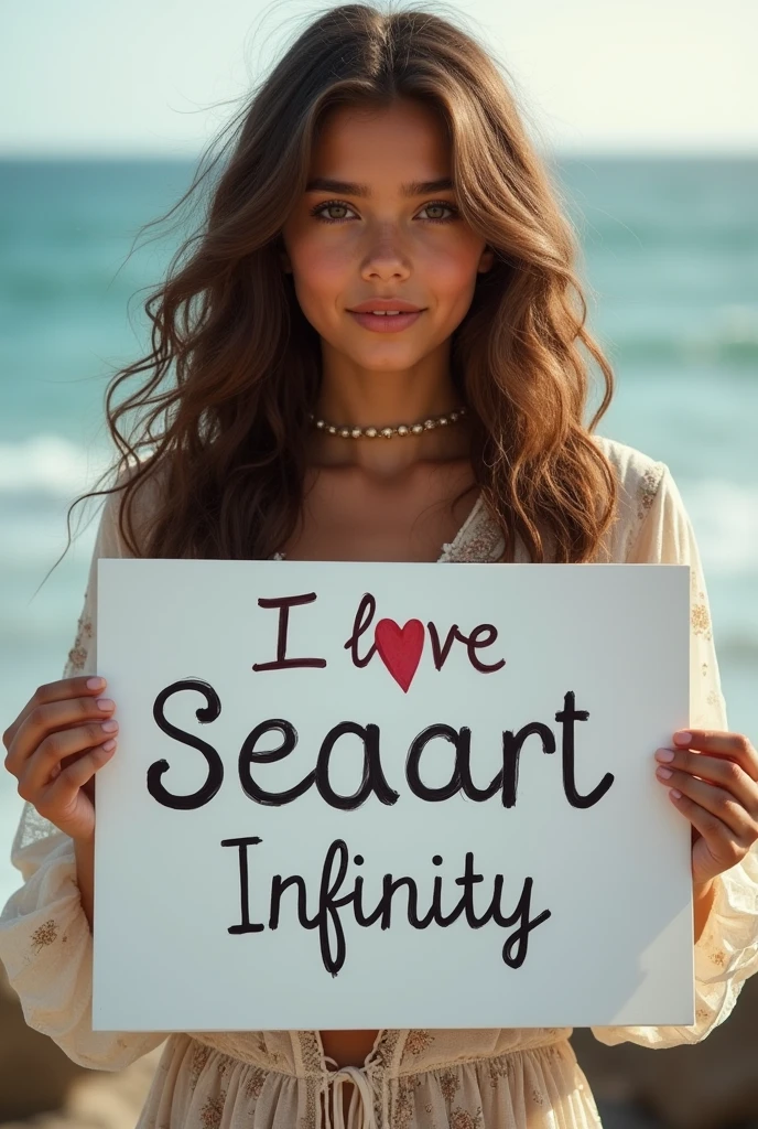Beautiful girl with wavy long hair, bohemian dress, holding a white board with text "I Love Seaart Infinity" and showing it to the viewer