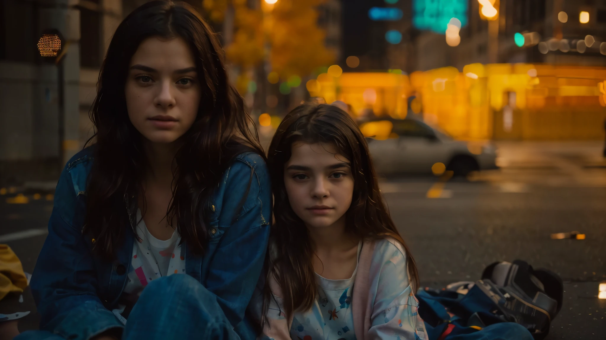 Adult woman and 8 year old boy are sitting on the street floor with their eyes open and looking at the camera, Colorful 8K Photo Portrait, soft 8k portrait photo, movie still 8 k, 8k Artistic Portrait Photography, cinematic portrait, 8k portrait photo, moody emotional cinematic, cinematic realistic portrait, 8 k realistic digital art, 8 k realistic digital art, 50mm portrait, 8K film composition