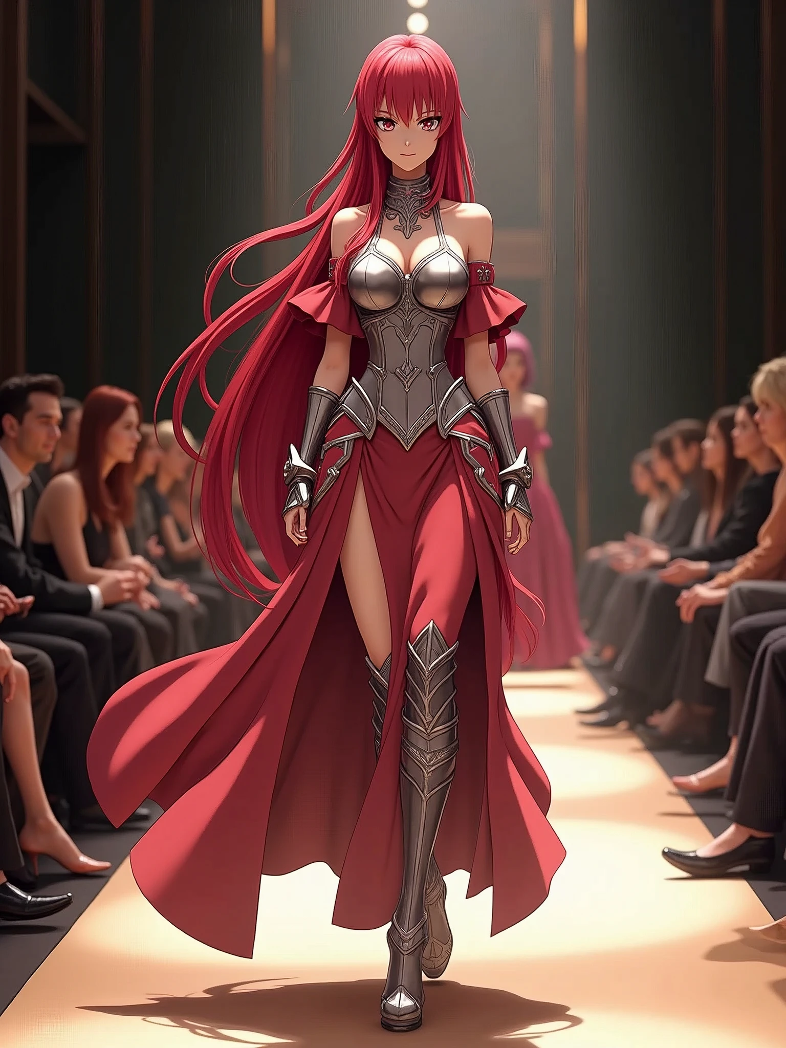 Erza Scarlet from the anime "Fairy Tail" walks the runway at a fashion show.