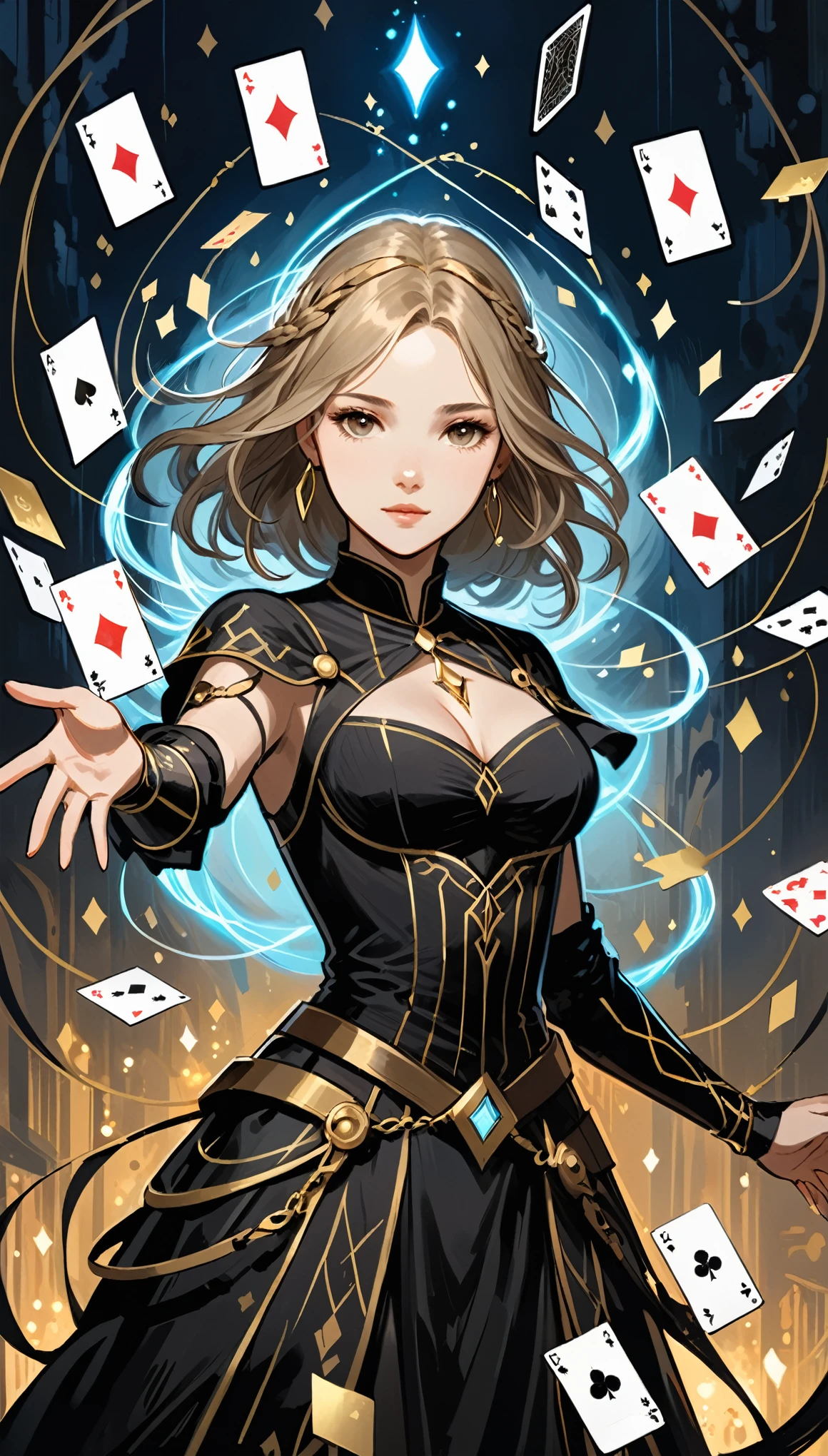 in style of Camille Corot-【Thick brushstrokes】-,in style of Carl Holsøe
1girl,character concept design,half body,floating card,luminous magic threads in series with floating cards,reach out,outstretched arm