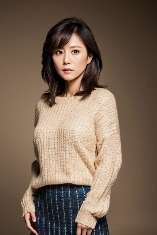 masterpiece, Highest quality, High resolution, Photorealistic, sharp, RAW Photos, 8k wallpaper, perfection, Professional Lighting, Very detailed, Depth of written boundary, Pale plain background, ((Beautiful woman, skinny japanese milf)), (40 years old), sexy, Detailed face, Beautiful Eyes, bangs, Small breasts, Very small waist, Light brown straight hair, Faint lips, ((Stand in front, Staring at the audience, Serious face eyes.)), sweater, skirt, (Full body photo), Cowboy Shot
