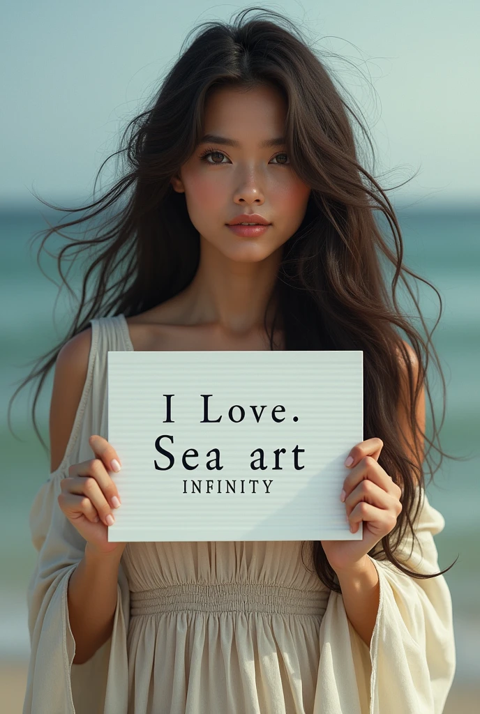 Beautiful girl with wavy long hair, bohemian dress, holding a white board with text "I Love Seaart Infinity" and showing it to the viewer