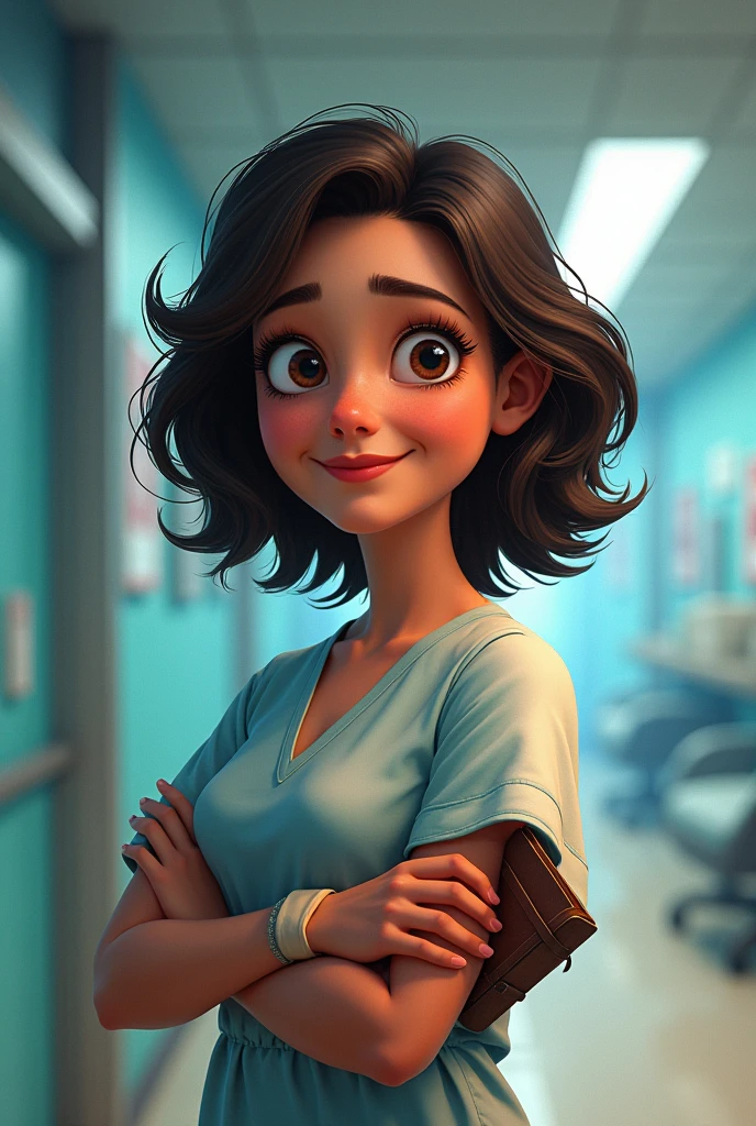 Disney Pixar inspired movie poster with title "super mom". It has to be a woman with dark brown, medium wavy hair., white skin color, wearing hospital patient clothing and holding a Bible in his hand, and with a hospital background written super mom. The scene must follow an artistic style similar to Pixar, focusing on the characters' expressions, swirly vibrant colors, detailed textures and features of your animations.