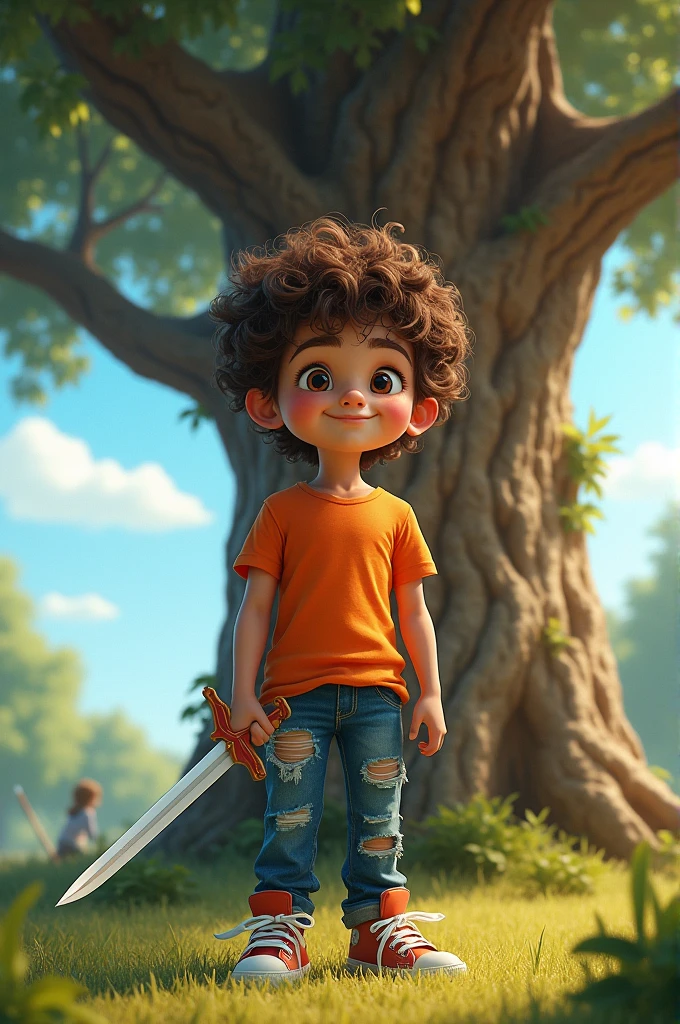A scrawny younger age boy with curly brown hair, an orange t shirt, ripped blue jeans, sneakers with wings, and a dark blue flannel. The boy is outside next to a large oak tree, the boy is also holding a sword