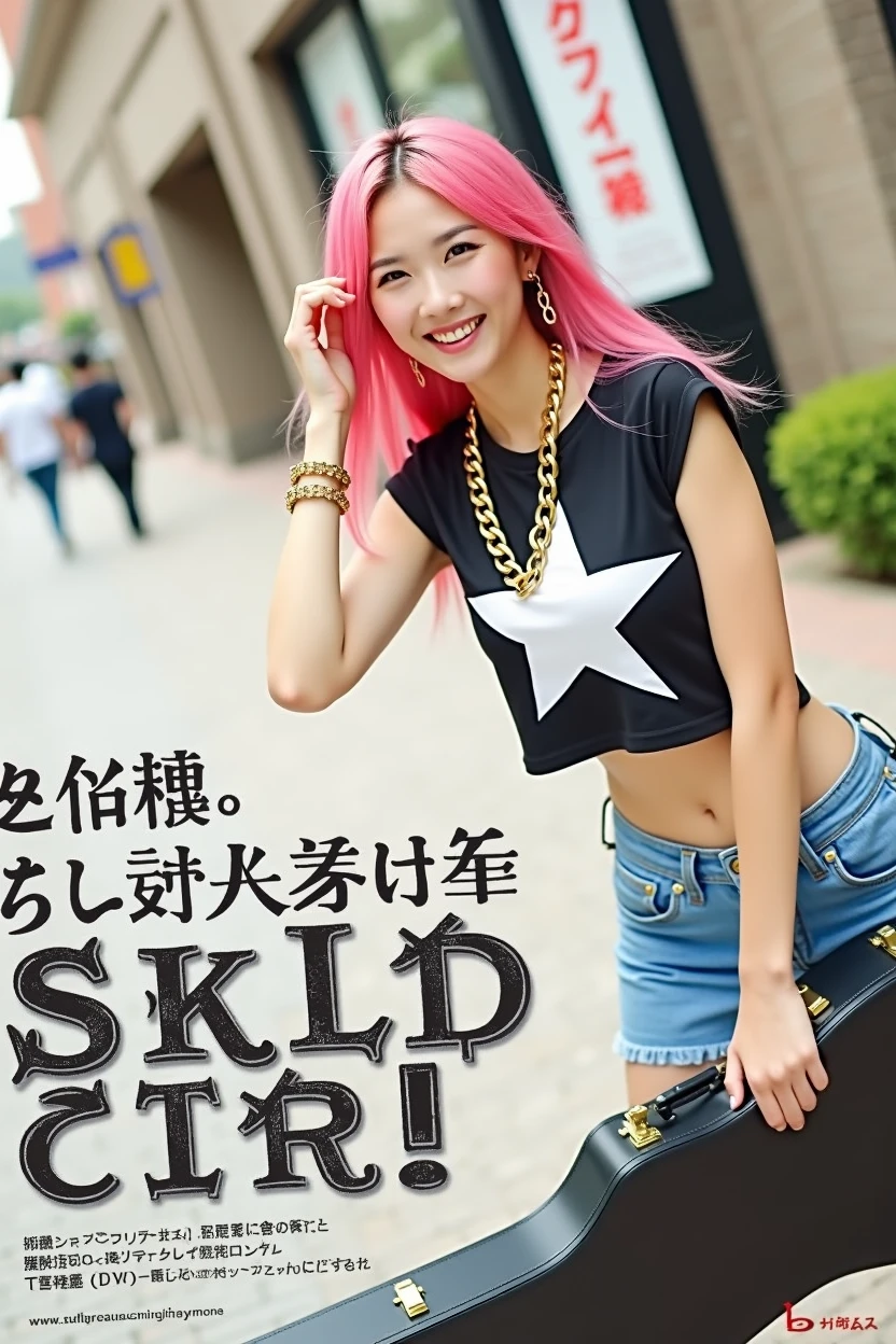((((Woman's ridiculously large breasts change, slender curves, big , big breasts, big , super beautiful woman, whip-smacking body)))), adult video poster layout, text on screen: "BAND GIRL Shocking AV debut! ! ",(((Japanese woman with large black guitar case)))), 26 year old adult woman wearing black crew neck top with large English letters on her chest and short blue jeans posing for a photo shoot, big breasted female porn actor, dynamic pose, rock music magazine model pose,. Japanese female fashion model, (((very bright pink hair))), happy expression, thick chain accessories on neck and arms, (((in front of Asakusa strip theater))), pure beautiful smile, intelligent face, slender curves, large breasts, wearing black t-shirt, small leather jacket Wearing black T-shirt, very small leather jacket, denim shorts, (((extreme low angle))), null, Bill, holding black guitar case with guitar strap, (((DVD mark, Blu-ray mark))).