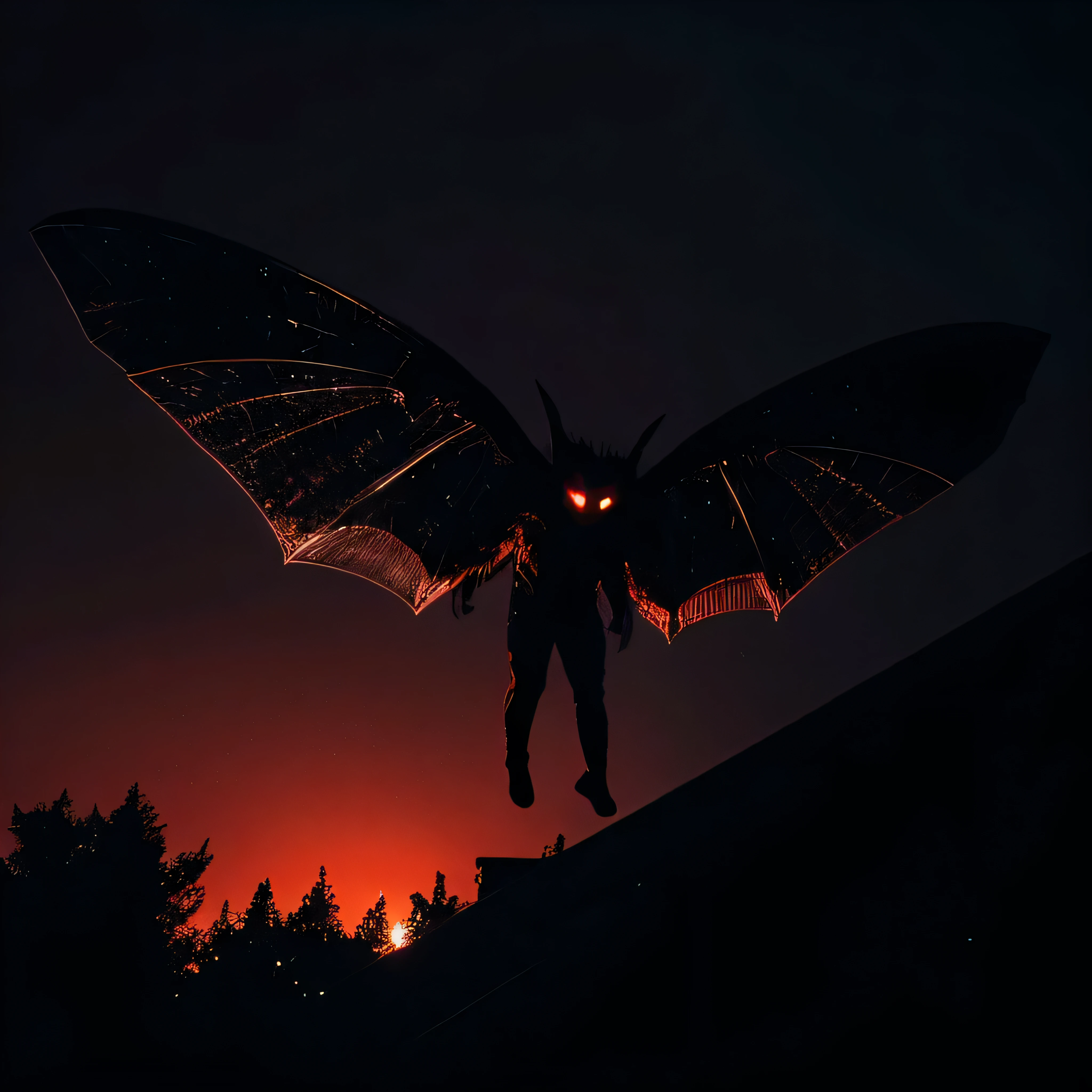 A low quality night image, as if it had been taken with a cell phone, capturing a realistic scene in the backyard of a house. En el centro de la imagen, a distant and frightening figure of the famous Mothman is half descending from a tree, almost touching the ground. He is far away, but it is still possible to distinguish that it is a human anomaly with huge wings and red eyes, that do not shine, but they stand out in the darkness. Despite the poor image quality, its open wings and descending posture are visible. Grainy texture and visual noises add to the sense of mystery, as if something supernatural was happening in an ordinary place. The presence of the Mothman in the backyard, In the Midst of the Darkness of the Night, creates an atmosphere of tension and amazement, with the figure looking like it was about to disappear into the shadow of the trees.