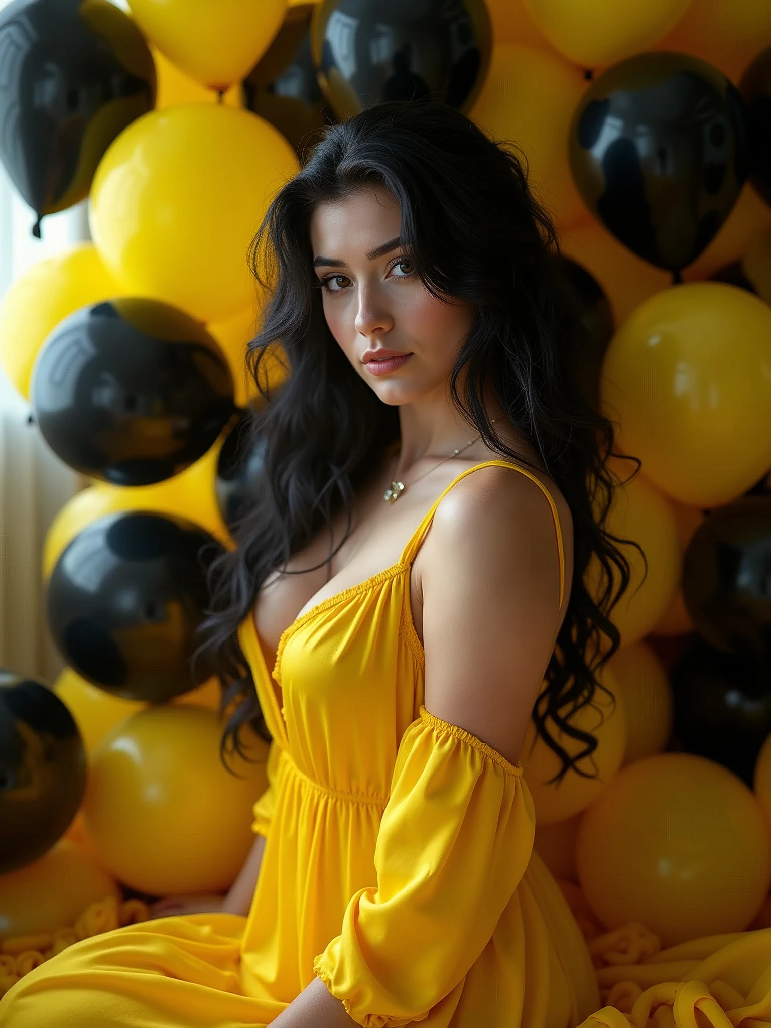 a woman in a yellow dress surrounded by black and yellow balloons, lingerie!!, full product shot, lush unkempt black hair, sleepwear, inspired by Luma Rouge, clothed in silk, nightgown, screws and bolts, curvaceous