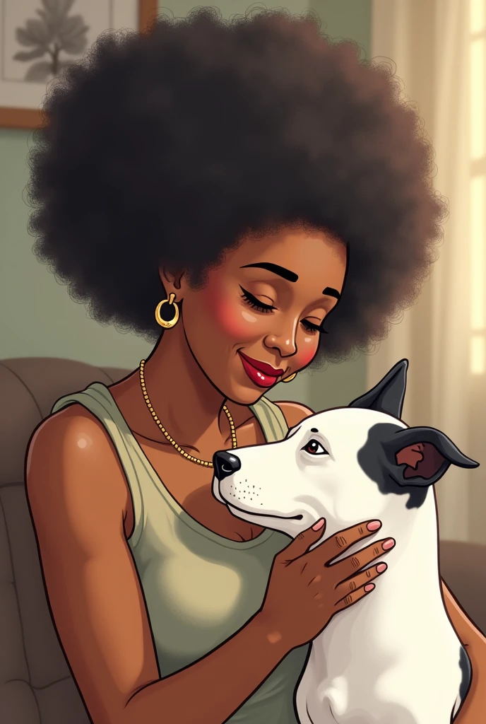 The image shows an elderly black woman with voluminous afro hair and a warm smile on her face.. She looks up gently at the dog beside her., a Bull Terrier with white fur and dark spots. The lady is elegantly dressed and seems to convey a sense of serenity and confidence.. The dog, A sua volta, displays an alert and curious expression, appearing to be completely devoted to his mate. Arte digital cartoon