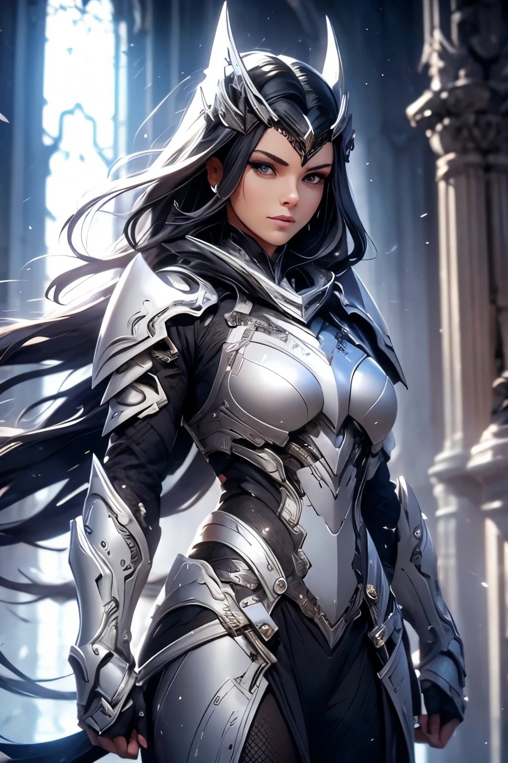 A woman in silver armor, Bblack hair, centralized