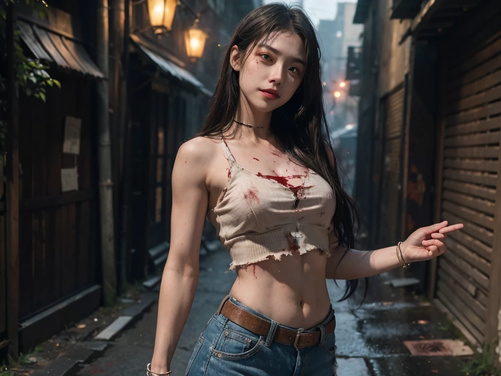 Beautiful woman wearing belly-exposing clothes kills zombies,her bare midriff exposed as she gazes down at the gory aftermath. Her ripped shirt hangs open, revealing a tantalizing glimpse of toned skin, while the severed zombie heads and scattered limbs around her feet attest to her brutal hand-to-hand combat skills. The desolate, blood-soaked alleyway provides a haunting backdrop for this petite powerhouse,cinematic lighting, masterpiece, accurate, anatomically correct, textured skin, best quality, award winning, 4K, super detail,cowboy_shot,light_smile