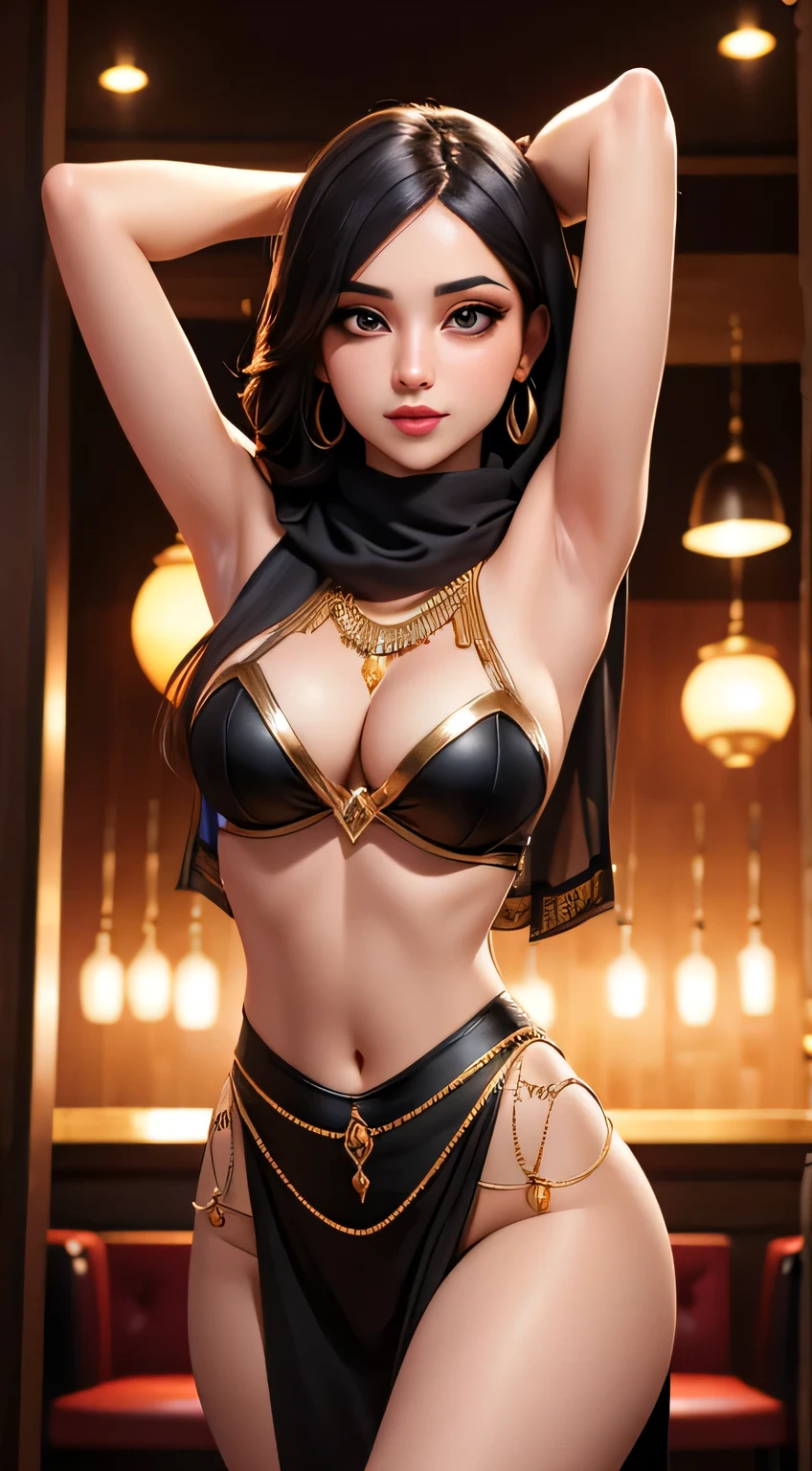 Amazing portrait of a female middle eastern traditional bar dancer seducing with her seductive eyes emphasized by her dazzling face covering dancing with her flexible hourglass body wearing seductive and revealing clothes in an intimate environment