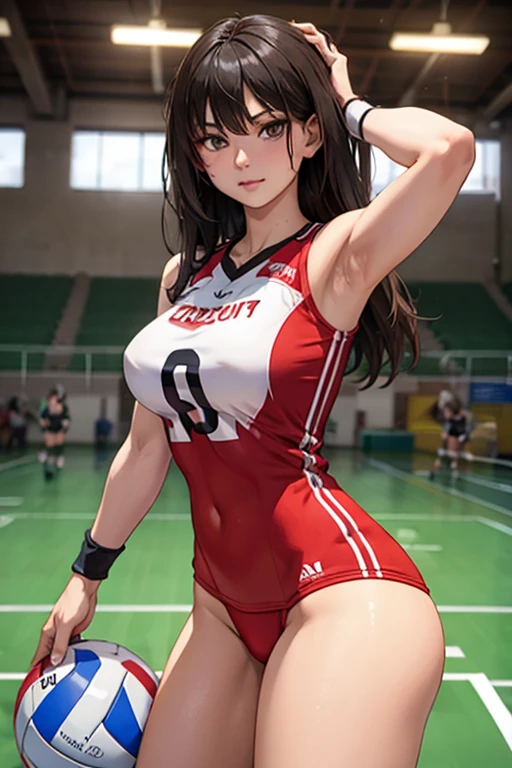 Masterpiece, Ultra quality, good lighting, shadows, perfect anatomy, posing, 1 girl, 21 years, mature girl, volleyball player, cute face, beautiful body, black long hair, black eyes, seductive eyes,  volleyball uniform, background room, rear, breasts, Thighs, seductive, hot, spicy, NSFW,