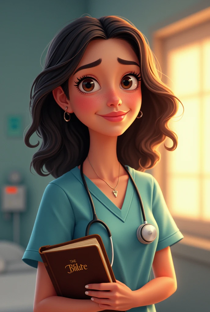 Disney Pixar inspired movie poster with title "super mom". It has to be a woman with dark brown, medium wavy hair., white skin color, wearing hospital patient clothing and holding a Bible in his hand, and with a hospital background written super mom. The scene must follow an artistic style similar to Pixar, focusing on the characters&#39; expressions, swirly vibrant colors, detailed textures and features of your animations.
