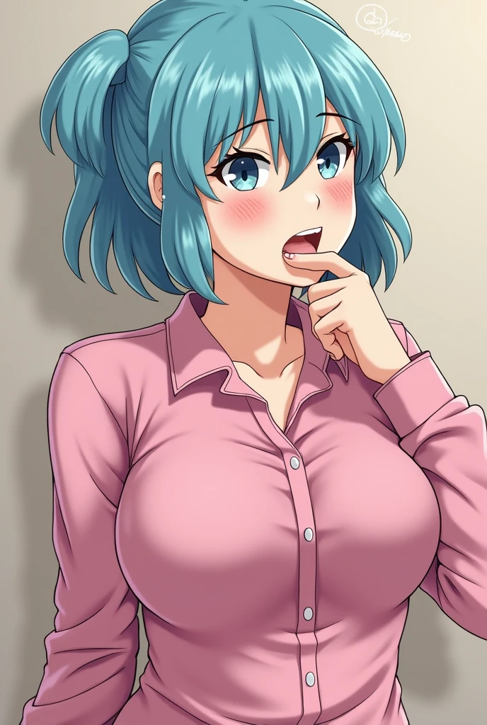 Dark light, night time, (Masterpiece), Best Quality, ultra-detailed, 1girl (rinko_iori, Slender and sexy body, big and pretty breasts, dark blue hair, long wave hair, blue eyes), a angry face, open mouth, facing viewer, looking at viewer, nose blush, blush, solo, yellow turtle neck sweater(torn), nipples, white panties( torn clothes), pussy, in the store, kabedon pov, kabedon against wall, standing,hands up, hands covered nipples  , top view 