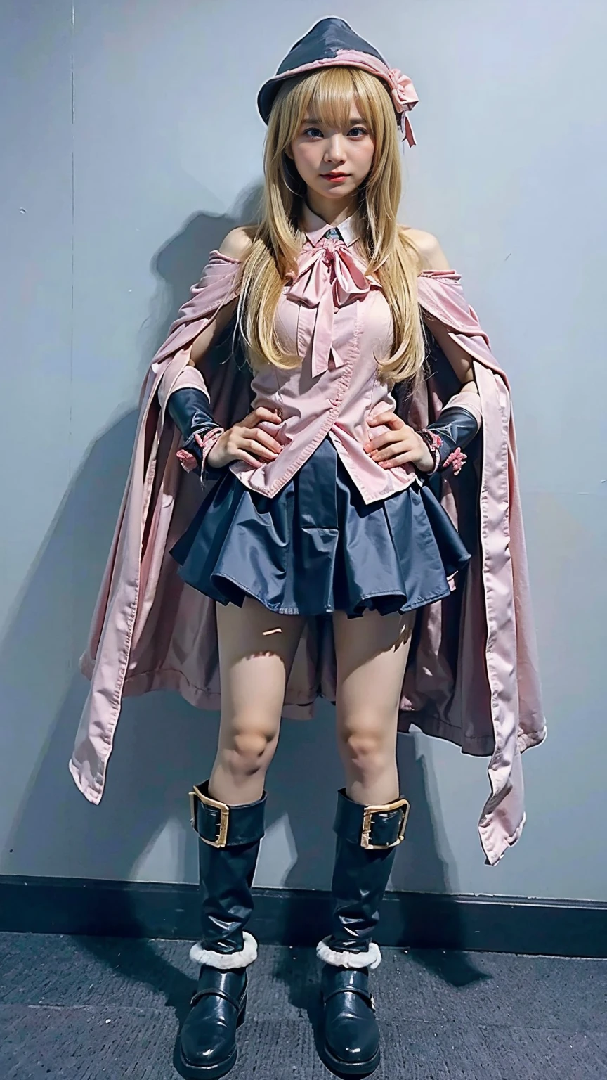 (8k、RAW Photos、Highest quality、masterpiece:1.2)、(Realistic、Realistic)、1 girl、((Blonde、Pink and light blue、Frills、Cape、mini skirt、Thin legs、whole body、boots、View from the front、Looking into the camera、Stand with hands on hips))、cute