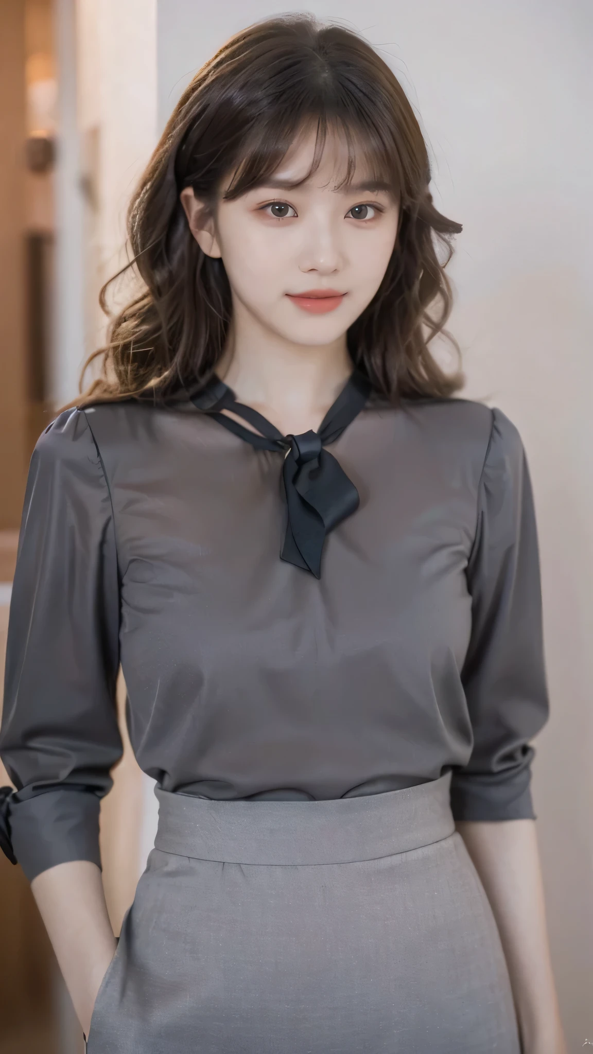 detailed background, masterpiece, best quality, 1 person , curly hair, long hair, purple eyes, star in eye , grey Strapless blouse, long skirt, grey, tight , grey blouse , beautiful bow, detailed bow,