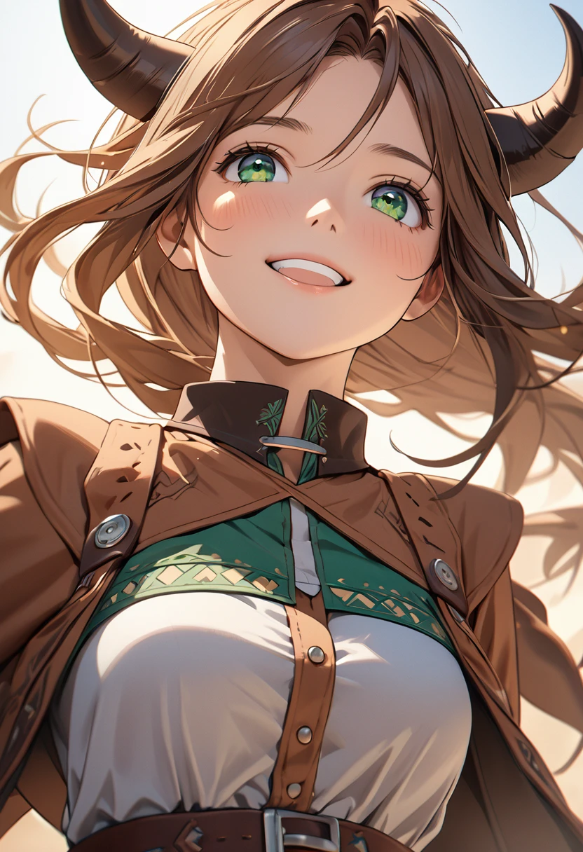 ((best quality)), ((theme: cowboy western)), wide angel, ((Ultra precision)) western woman, 1girl, green eyes ((vibrant)), minotaur horns, long brown ponytail hair, long side locks ((brown hair)), (western clothes 1.5), looking up (ultra detailed face 1.5), happy face, cinematic lighting, perfect anatomy, towards viewer ((professional illustration))

