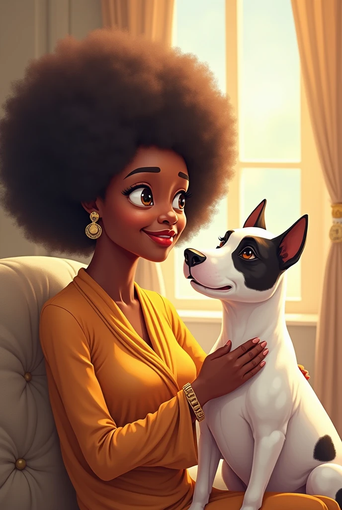 The image shows an elderly black woman with voluminous afro hair and a warm smile on her face.. She looks up gently at the dog beside her., a Bull Terrier with white fur and dark spots. The lady is elegantly dressed and seems to convey a sense of serenity and confidence.. The dog, A sua volta, displays an alert and curious expression, appearing to be completely devoted to his mate. Arte digital cartoon