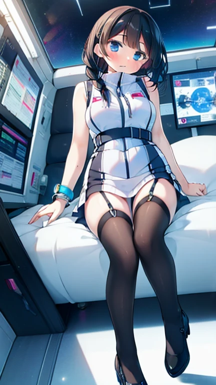 (Highest quality), (masterpiece), 1080P, High resolution, 4K, 8k, Inside the space station、Futuristic room、Thigh straps, Shooting from directly below, The woman on top of me, 白いSweat, Covered , Sweat, Woman looking down, Skirt swimsuit, Thigh-high socks, To achieve this, , , whole body, Black leather shoes, Braided hair, Inner Color, Embarrassed face, Short black hair, bracelet, Bedroom,celestial body_Vest
