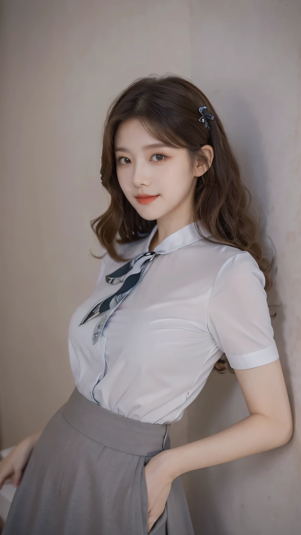 detailed background, masterpiece, best quality, 1 person , curly hair, long hair, purple eyes, star in eye , grey Strapless blouse, long skirt, grey, tight , grey blouse , beautiful bow, detailed bow,