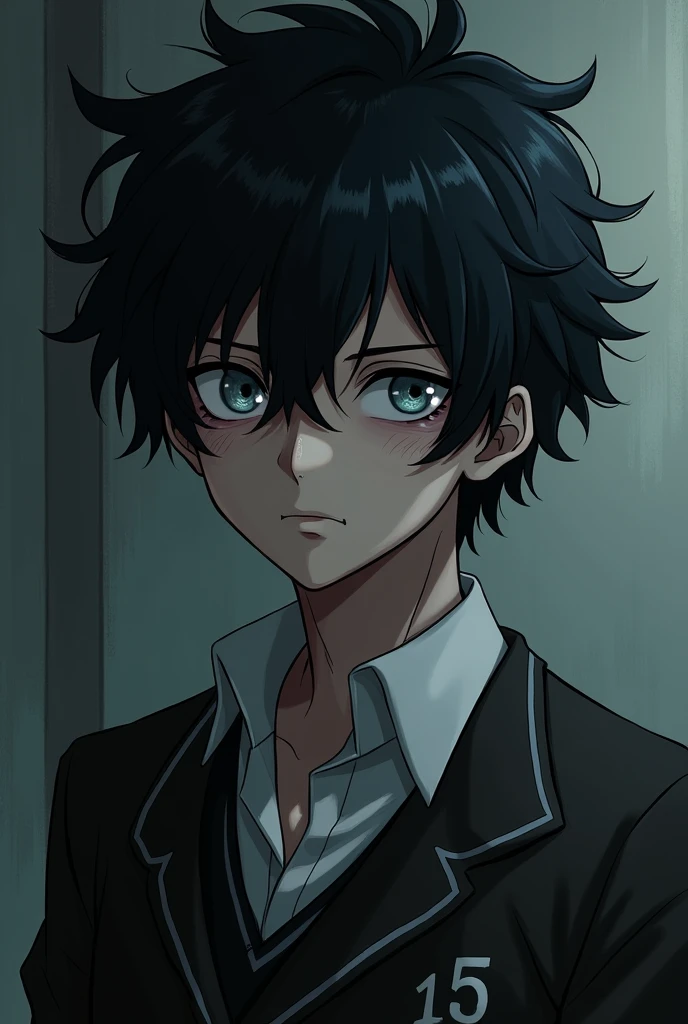 Generates a boy with black and somewhat long hair that falls over his eyes, messy pale skin, dark circles and gray eyes and has the UA school uniform from the anime Boku no hero academia 