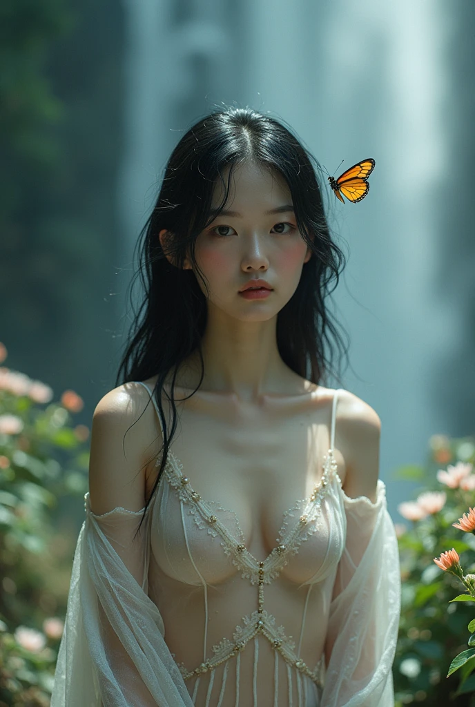 (((Full body image of a woman))),(Model shooting style), (shy), 1 girl, Lonely, Shiny black hair、 Extremely rich facial detail, Beautiful Eyes, cute, Slightly red cheeks，bright, Lonely Eyes, Stunning beauty, (Rembrandt Lighting), ARRI Lenses, Surreal, (Skin with attention to detail:1.2),4K,ARRI ALEXA LF,Promise, Dramatic Rim Light,Sparkle Effect, high quality,Very delicate and beautiful, wonderful, In detail, masterpiece, Very detailed, High resolution,Best Shot, Best Shadow,Complex,Sharp focus, high quality, 1 Japan woman, alone.cute,Fuka Koshiba,Yuki Sakurai,Magnificent waterfalls,water droplets,Wet,Lens flare,No sleeve,Frills,Beautiful breasts,Swallowtail butterfly,A butterfly flutters,Cool eyes,Glossy Lips,An ennui smile,Glowing Skin,Transparent skin,From above,Open your arms,Waistline,Beautiful nipples,((No shirt, Very good, Naked underneath, Bare chest, Barely covering her nipples)),((Wet, Her clothes are transparent, Her body and skin sweat)),((View from the rear, From above見た図, Bare back)),Bloom, Flowers are blooming everywhere,Front blur,ARRI 35mm Lens flare,