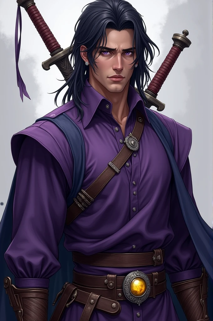 A man in his 20s, tall with about 1,98, strong with muscles, shoulder-length black hair, purples eyes, and serious, white but tanned skin, with light lilac smoky highlights on the cheek contour, wears a very dark purple fighting outfit, colada (like a long-sleeved, high-necked shirt) carries two swords on his back, a belt with daggers. And a yellow jewel on the neck and an earring Warrior style from fantasy books 