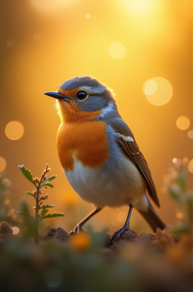 A mesmerizing close-up portrait of a gorgeous little bird illuminated by the soft, golden light of a tranquil morning, with vibrant bokeh balls gently framing its delicate form.