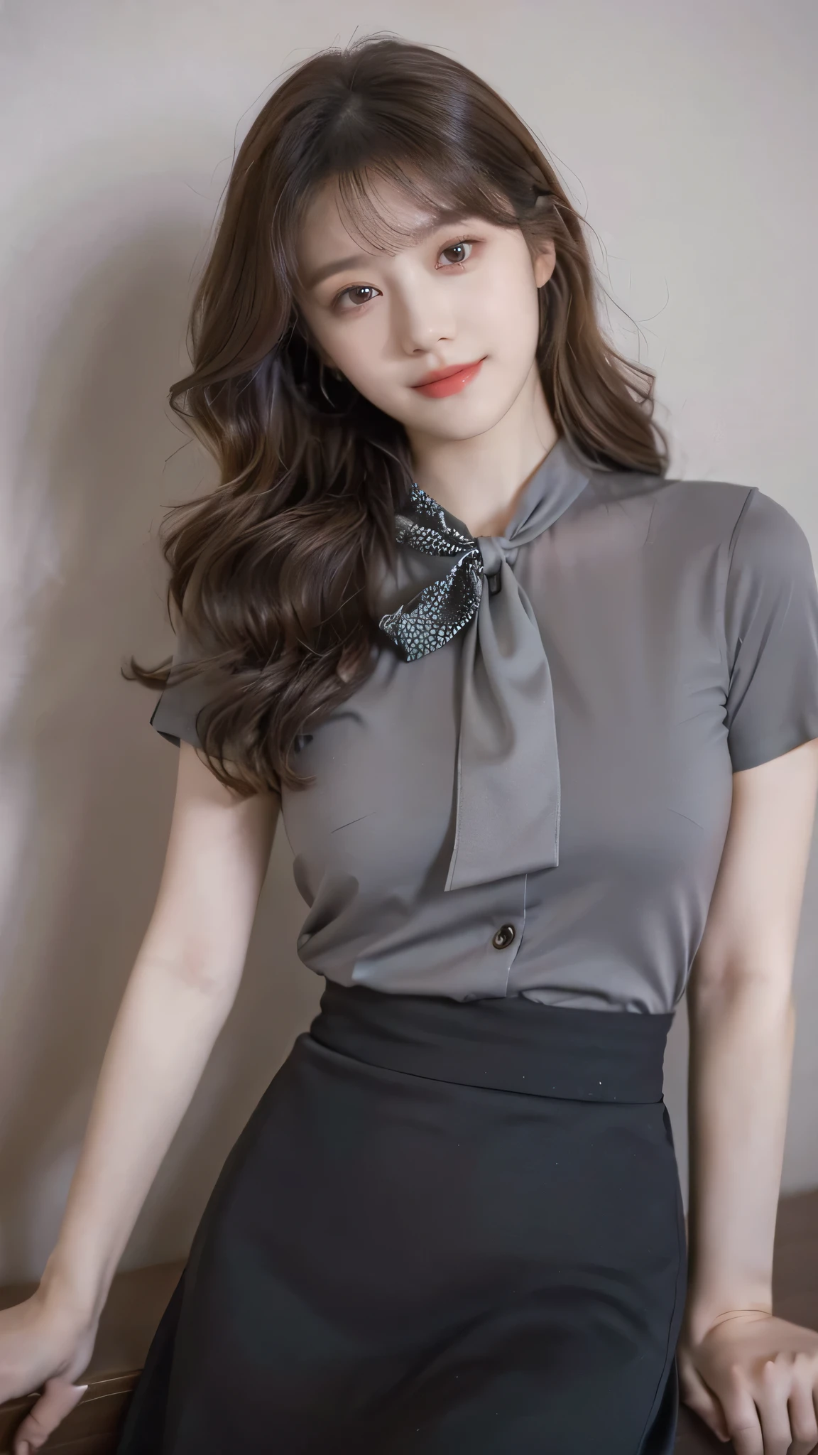 detailed background, masterpiece, best quality, 1 person , curly hair, long hair, purple eyes, star in eye , grey Strapless blouse, long  skirt, grey, tight , grey blouse , beautiful bow, detailed bow, 