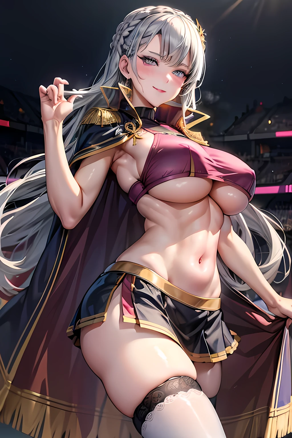 masterpiece, thight stockings, evil smile, sterm expression, light blush, looking at viewer, huge breasts, precise hands, sexy pose, aurelia le guin, long hair, crown braid, french braid, cheerleader, crop top, microskirt, underboob, thight stockings, detailed stadium in the background, cape