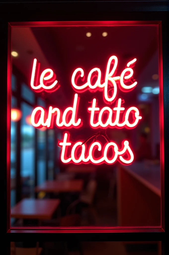 Create neon written phrase "le café and tato tacos"